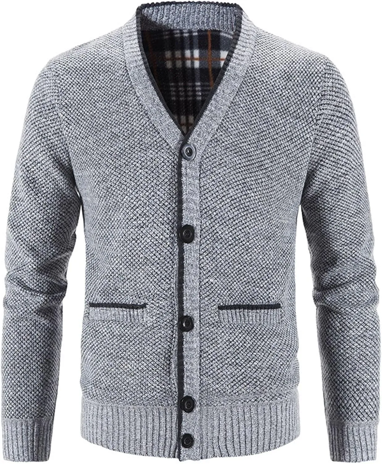 Lu's Chic Men's Long Sleeve Sweater Knit V Neck Button Down Slim Fit Winter Top Soft Casual Cozy Fleece Lined Cardigan