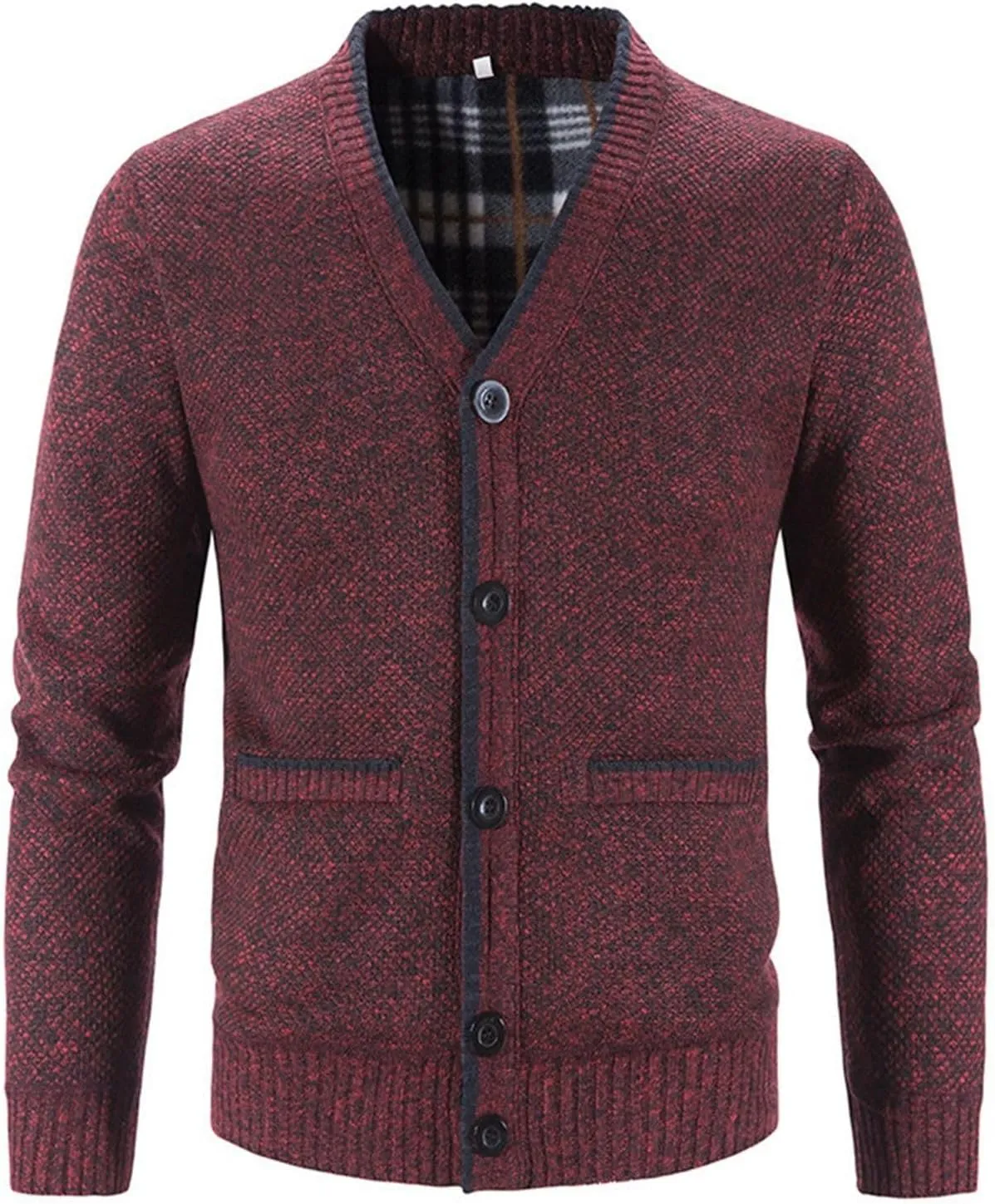 Lu's Chic Men's Long Sleeve Sweater Knit V Neck Button Down Slim Fit Winter Top Soft Casual Cozy Fleece Lined Cardigan