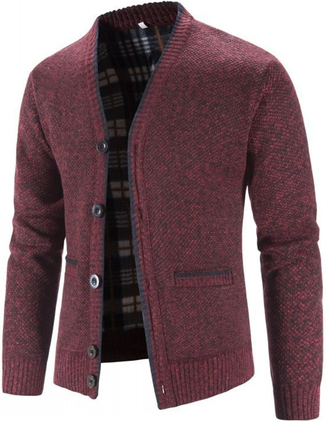 Lu's Chic Men's Long Sleeve Sweater Knit V Neck Button Down Slim Fit Winter Top Soft Casual Cozy Fleece Lined Cardigan