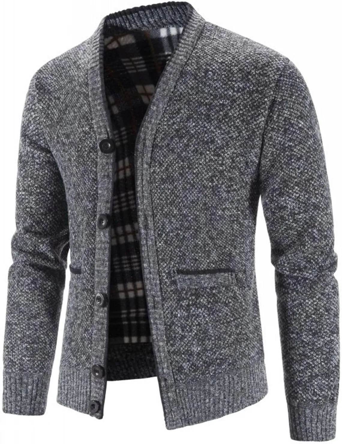 Lu's Chic Men's Long Sleeve Sweater Knit V Neck Button Down Slim Fit Winter Top Soft Casual Cozy Fleece Lined Cardigan
