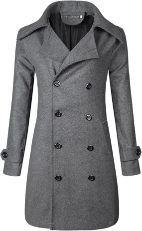 Lu's Chic Men's Long Sleeve Winter Trench Coat Full Length Top Coats Notch Lapel Double Breasted Dress Slim Fit Peacoat Business Pea Coat Warm Outerwear Long Jacket Wool Overcoat Grey Large