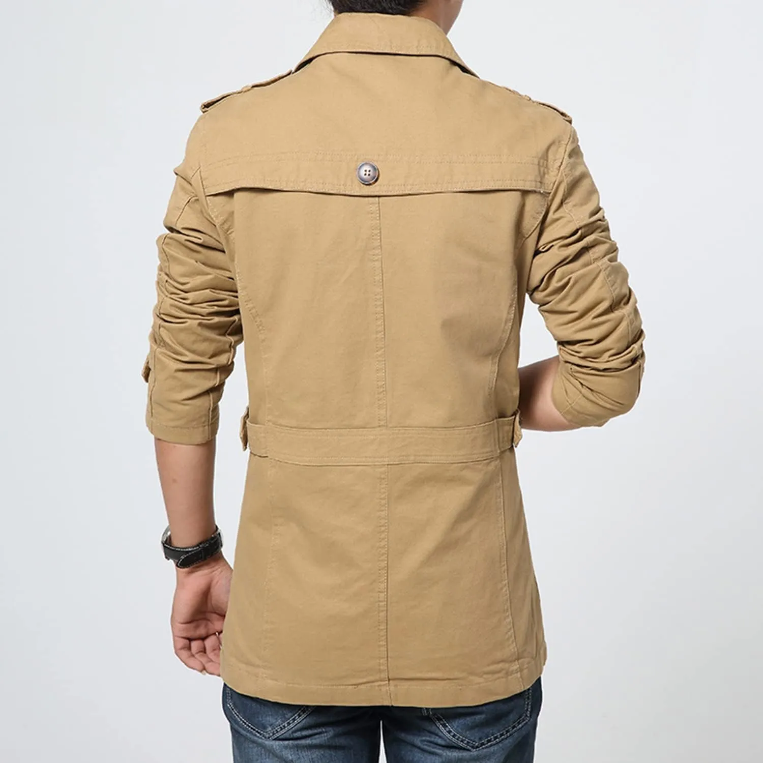 Lu's Chic Men's Slim Fit Trench Coat Short Military Single Breated Cotton Jacket Lightweight Outerwear Pocket
