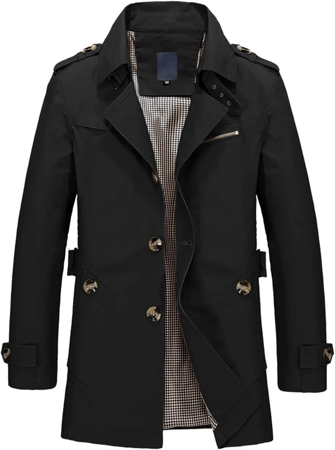 Lu's Chic Men's Slim Fit Trench Coat Short Military Single Breated Cotton Jacket Lightweight Outerwear Pocket