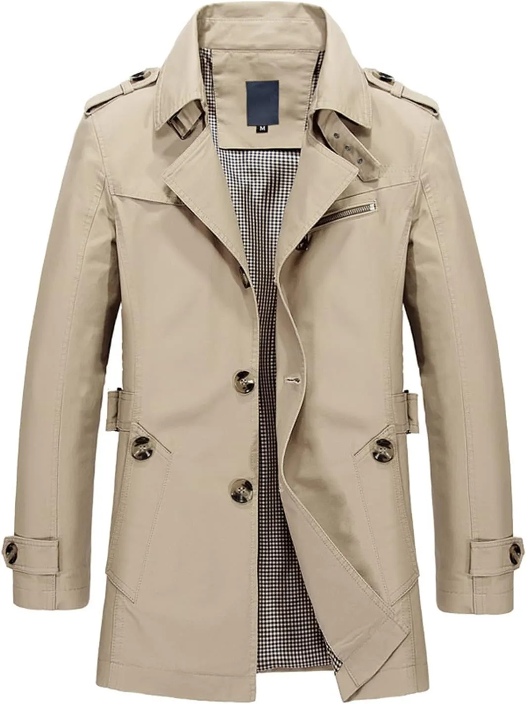 Lu's Chic Men's Slim Fit Trench Coat Short Military Single Breated Cotton Jacket Lightweight Outerwear Pocket