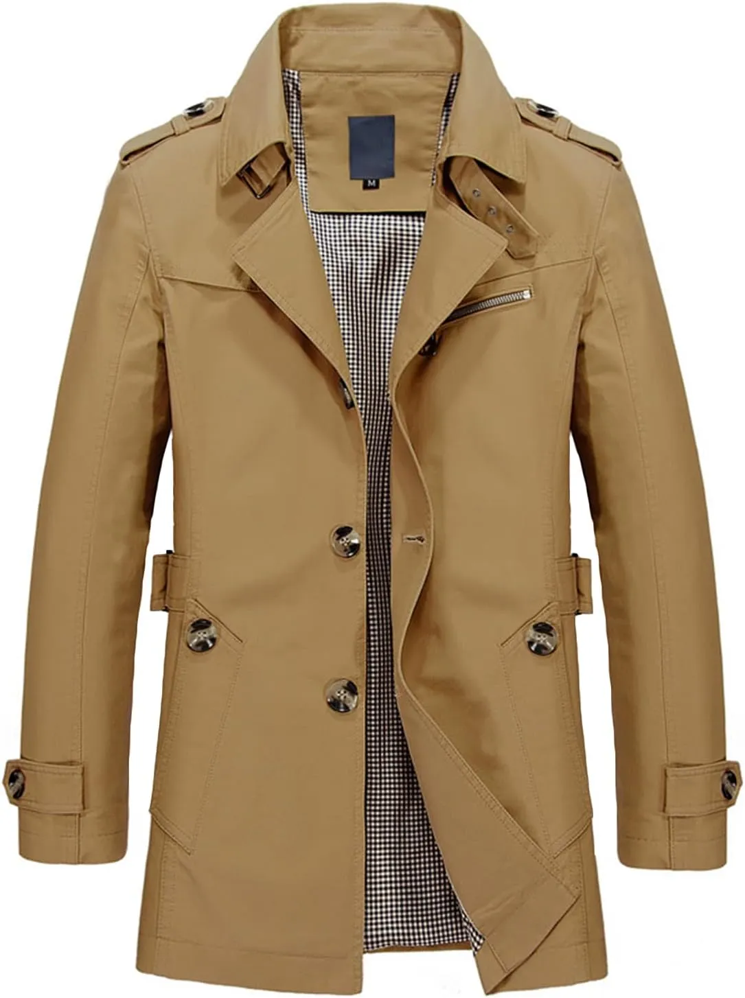 Lu's Chic Men's Slim Fit Trench Coat Short Military Single Breated Cotton Jacket Lightweight Outerwear Pocket