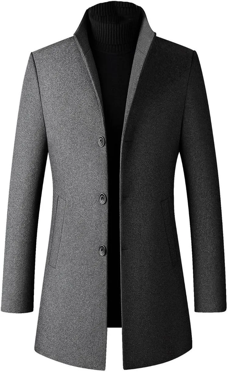 Lu's Chic Men's Wool Pea Coats Thick Long Sleeve Button Down Dressy Jacket Long Quilted Single Breasted Slim Fit Peacoat