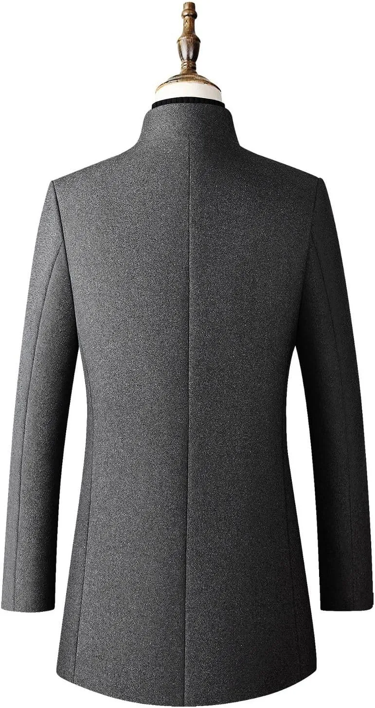 Lu's Chic Men's Wool Pea Coats Thick Long Sleeve Button Down Dressy Jacket Long Quilted Single Breasted Slim Fit Peacoat