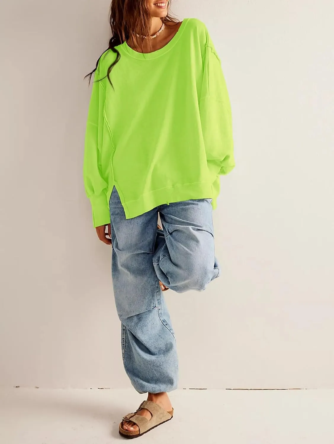 malianna Women's Loose Sweatshirt Crew Neck Long Sleeve Shirts Exposed Seaming Design Pullover Top