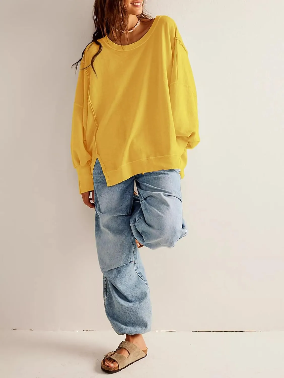 malianna Women's Loose Sweatshirt Crew Neck Long Sleeve Shirts Exposed Seaming Design Pullover Top