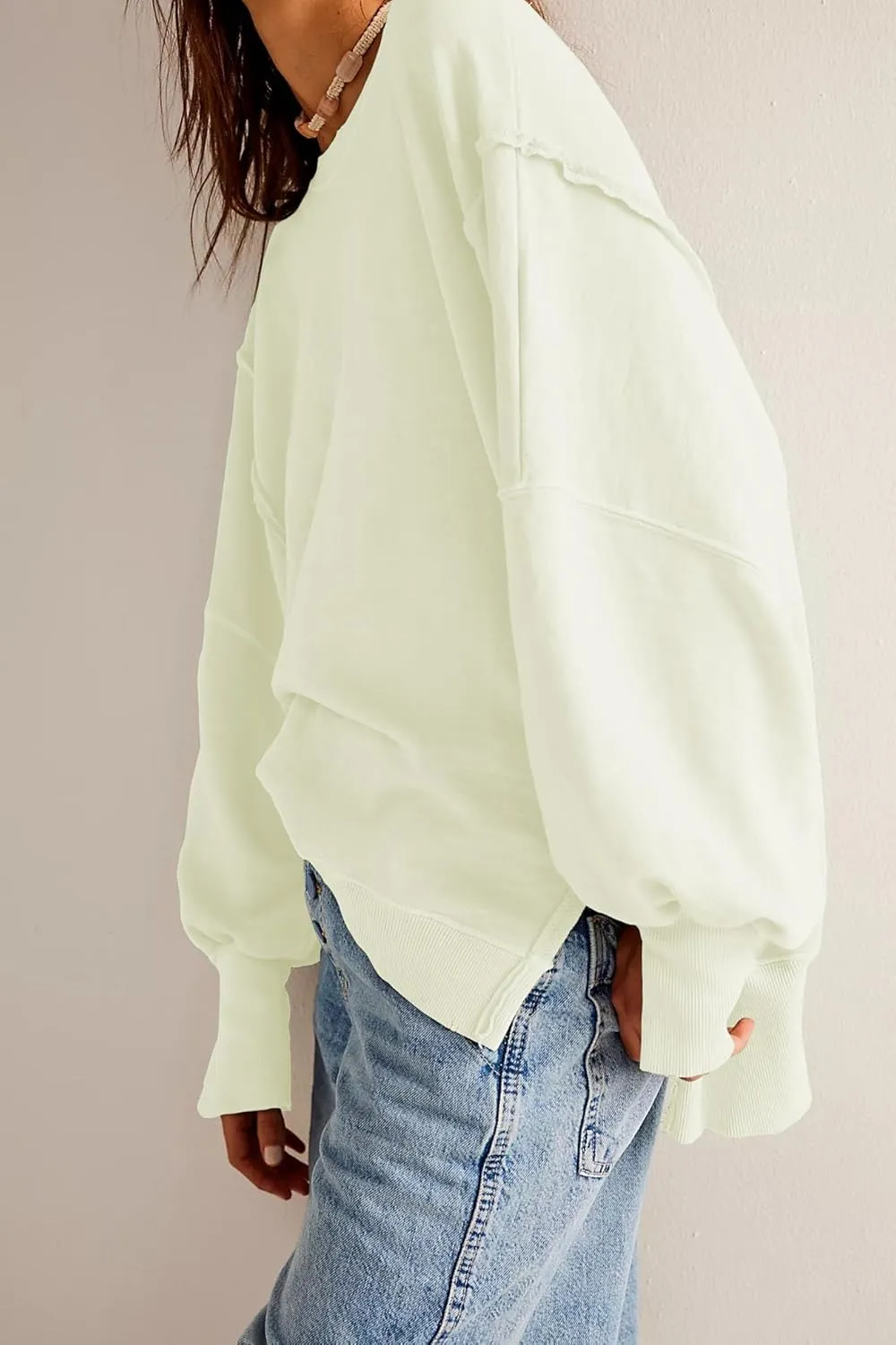 malianna Women's Loose Sweatshirt Crew Neck Long Sleeve Shirts Exposed Seaming Design Pullover Top