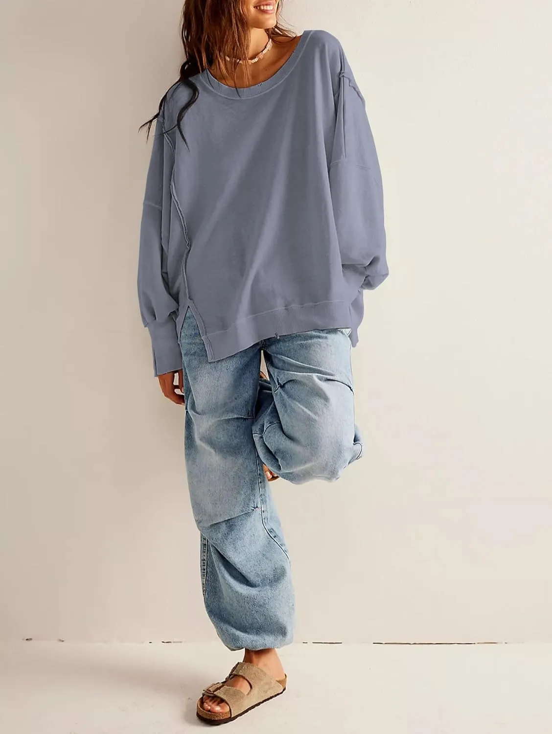 malianna Women's Loose Sweatshirt Crew Neck Long Sleeve Shirts Exposed Seaming Design Pullover Top