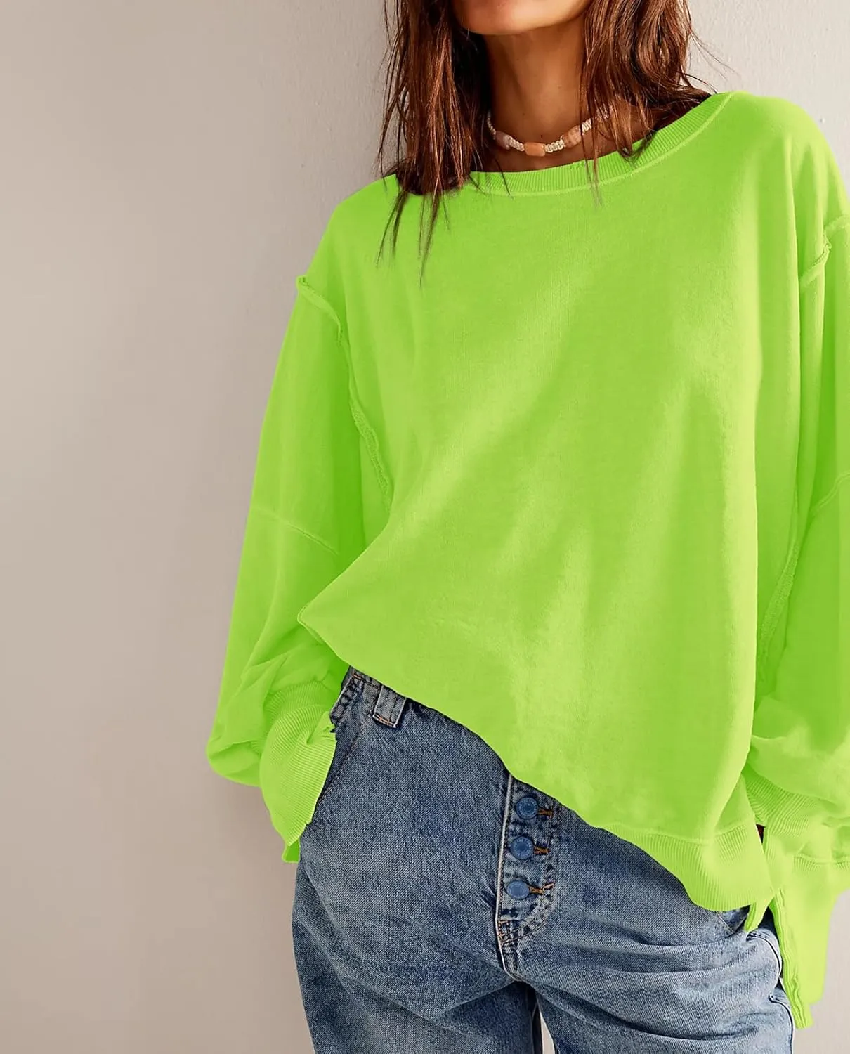 malianna Women's Loose Sweatshirt Crew Neck Long Sleeve Shirts Exposed Seaming Design Pullover Top