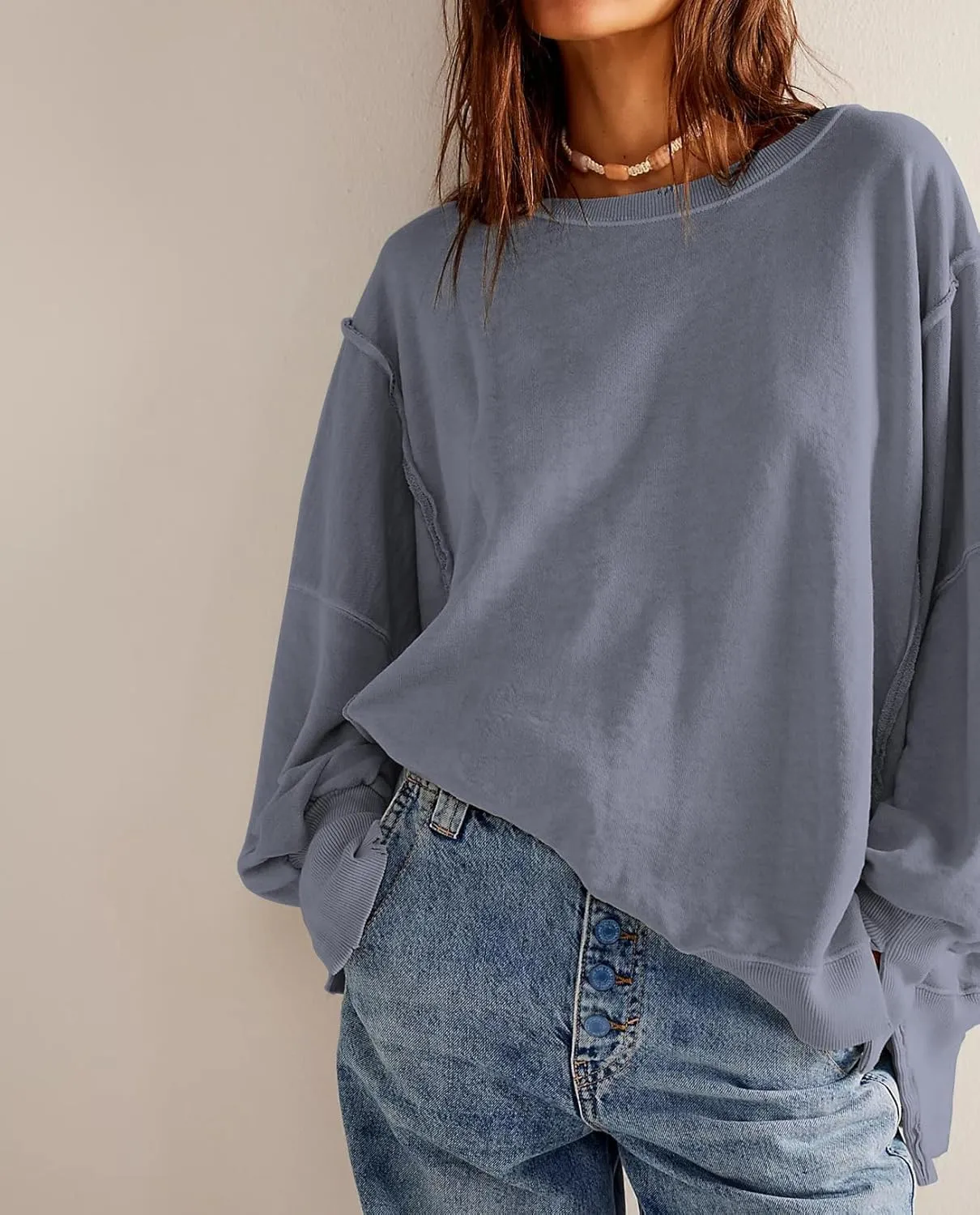 malianna Women's Loose Sweatshirt Crew Neck Long Sleeve Shirts Exposed Seaming Design Pullover Top