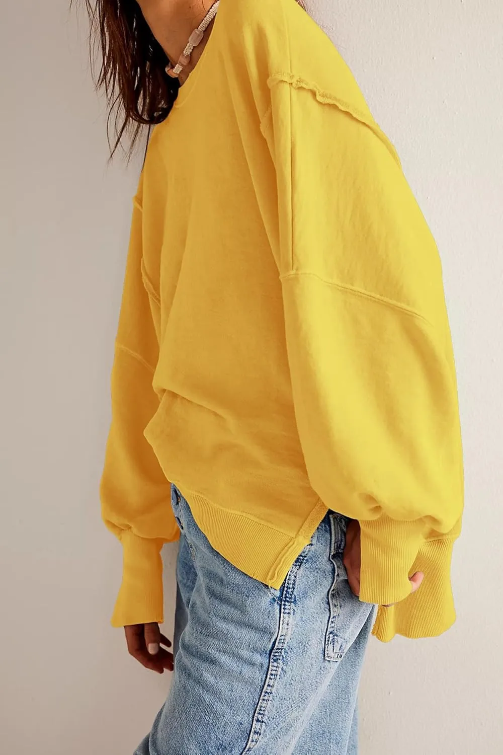 malianna Women's Loose Sweatshirt Crew Neck Long Sleeve Shirts Exposed Seaming Design Pullover Top
