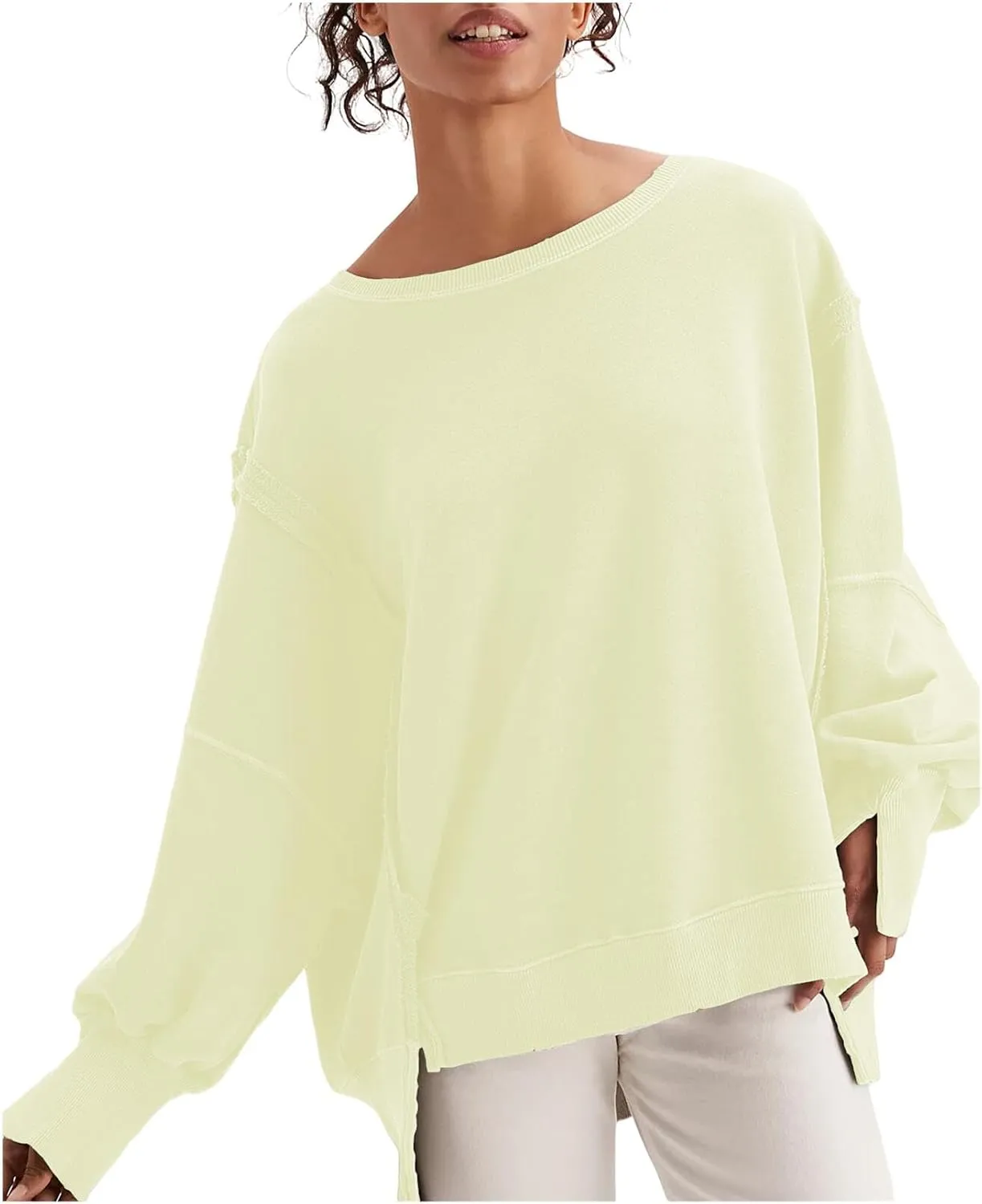 malianna Women's Loose Sweatshirt Crew Neck Long Sleeve Shirts Exposed Seaming Design Pullover Top