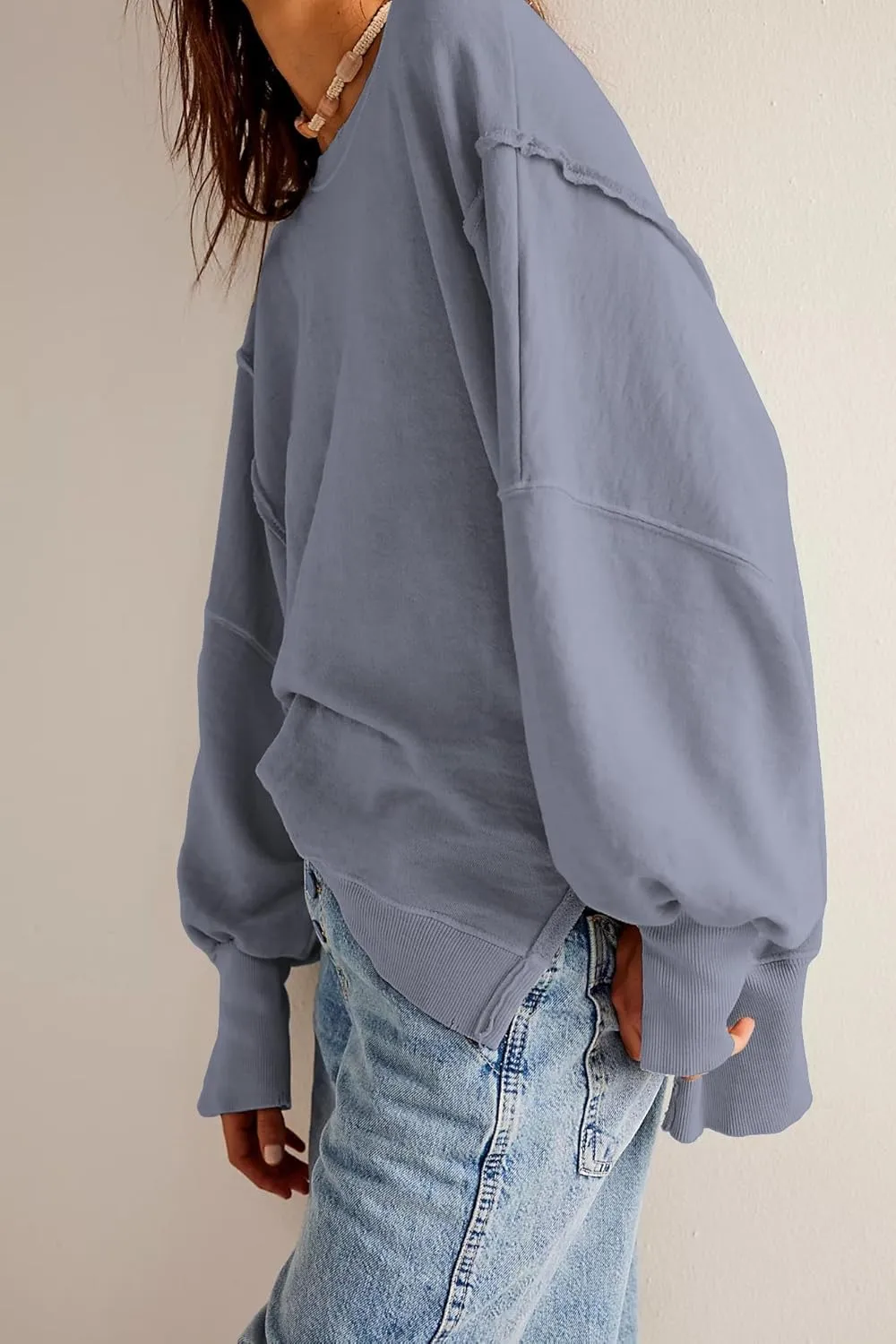 malianna Women's Loose Sweatshirt Crew Neck Long Sleeve Shirts Exposed Seaming Design Pullover Top