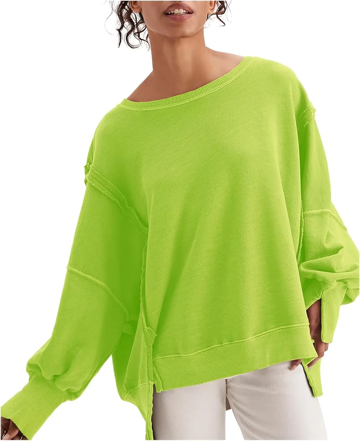 malianna Women's Loose Sweatshirt Crew Neck Long Sleeve Shirts Exposed Seaming Design Pullover Top
