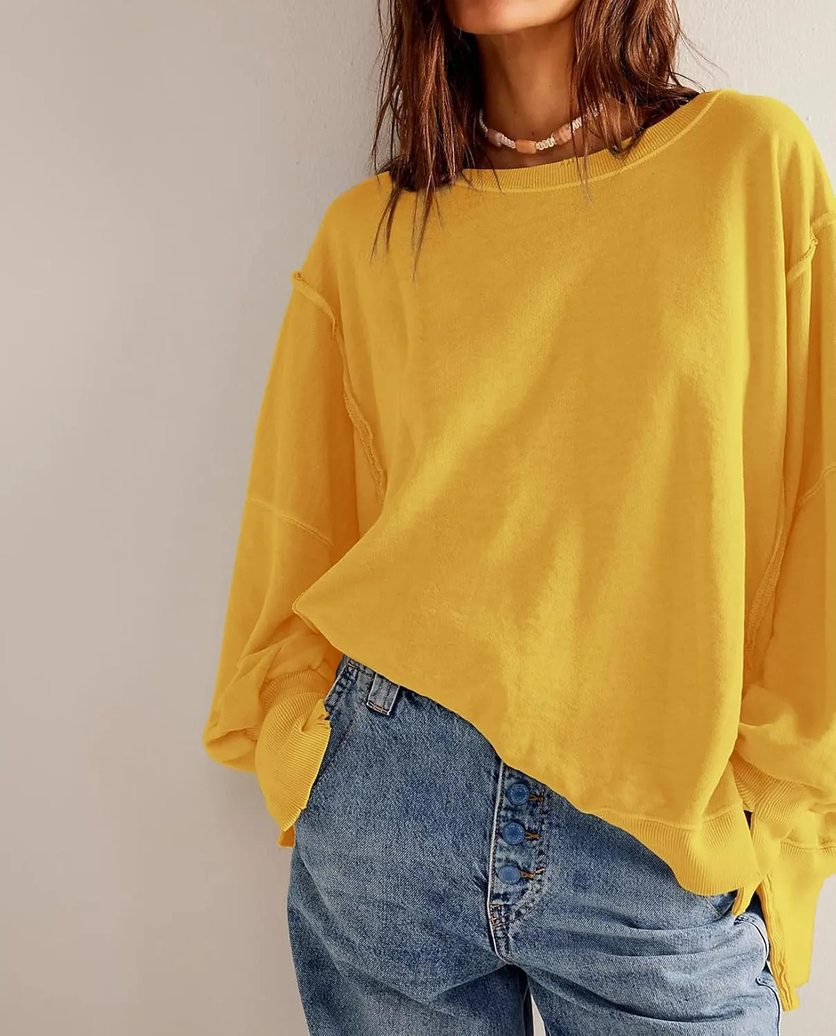 malianna Women's Loose Sweatshirt Crew Neck Long Sleeve Shirts Exposed Seaming Design Pullover Top