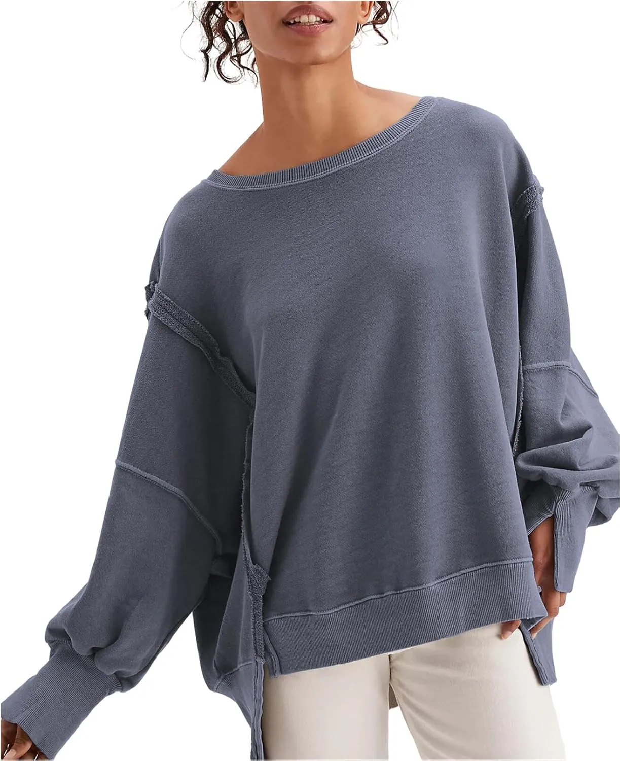 malianna Women's Loose Sweatshirt Crew Neck Long Sleeve Shirts Exposed Seaming Design Pullover Top