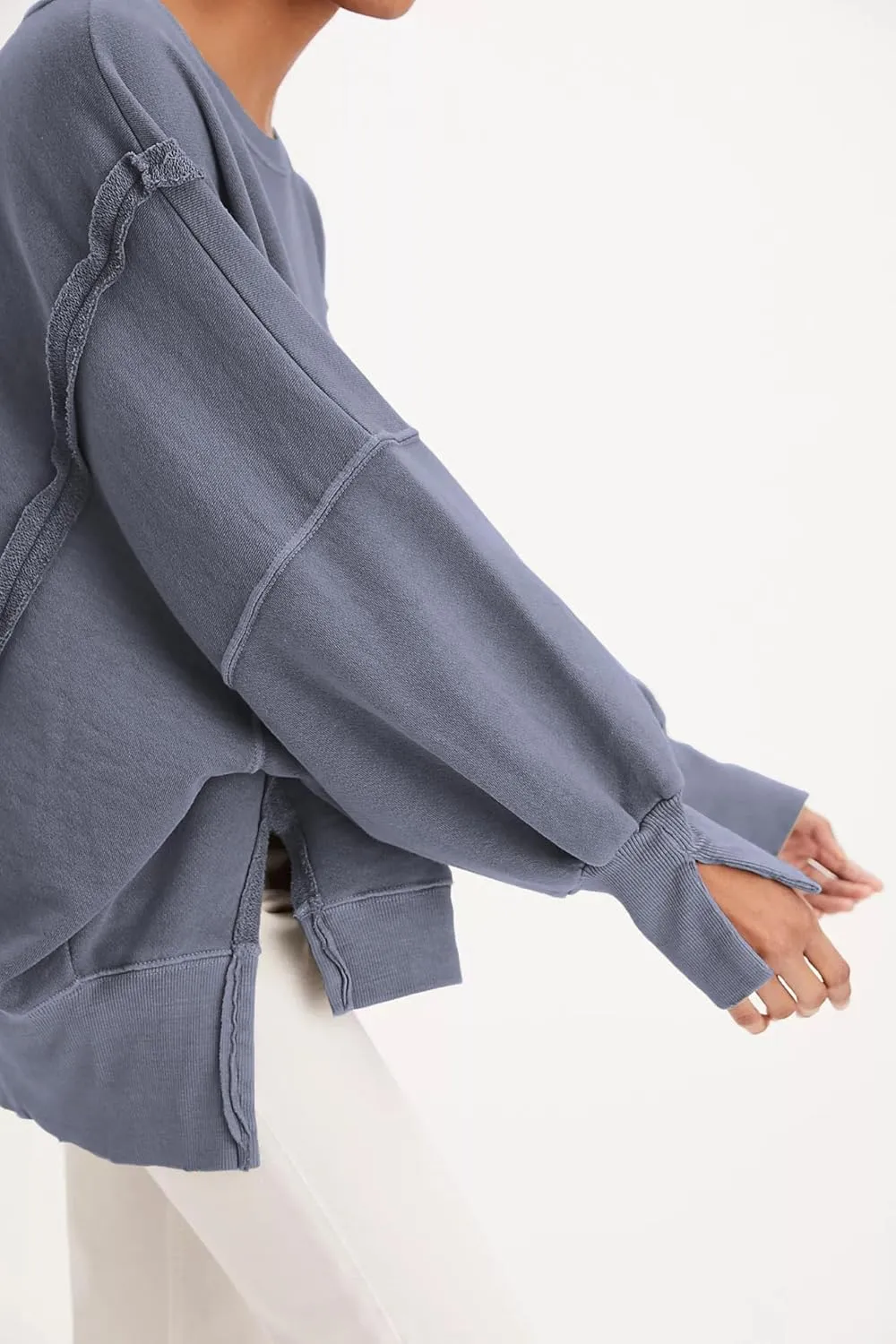 malianna Women's Loose Sweatshirt Crew Neck Long Sleeve Shirts Exposed Seaming Design Pullover Top