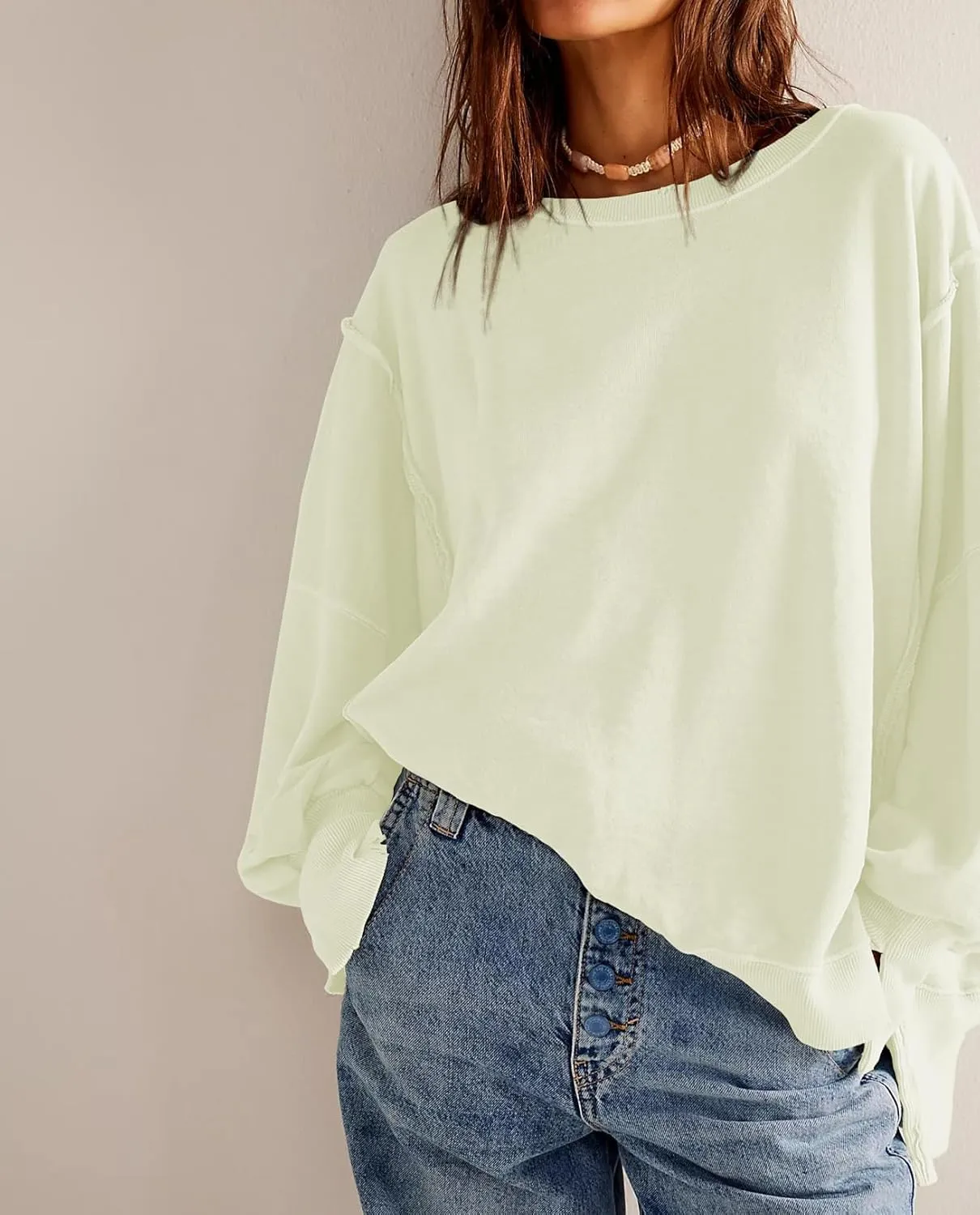 malianna Women's Loose Sweatshirt Crew Neck Long Sleeve Shirts Exposed Seaming Design Pullover Top