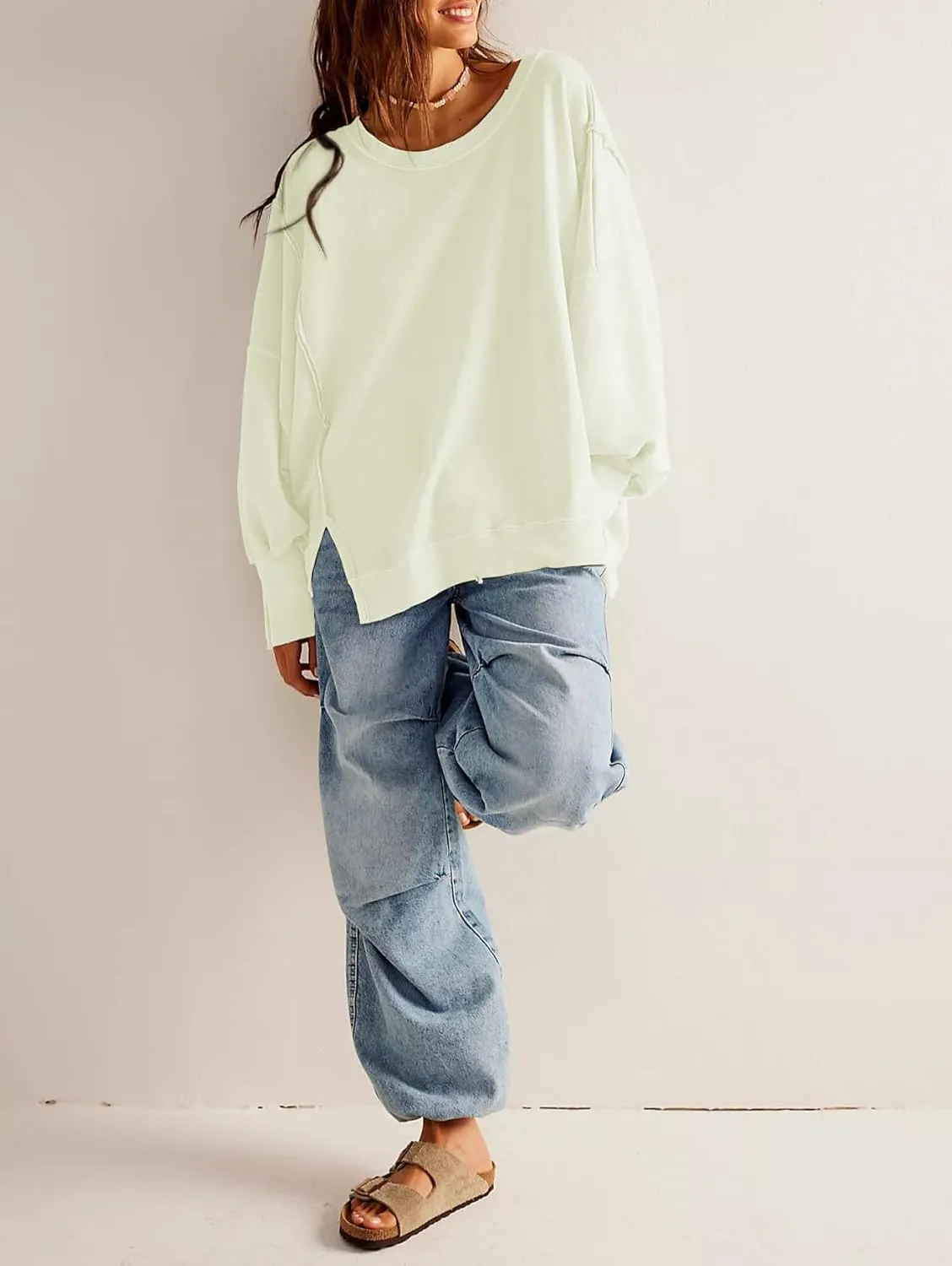 malianna Women's Loose Sweatshirt Crew Neck Long Sleeve Shirts Exposed Seaming Design Pullover Top