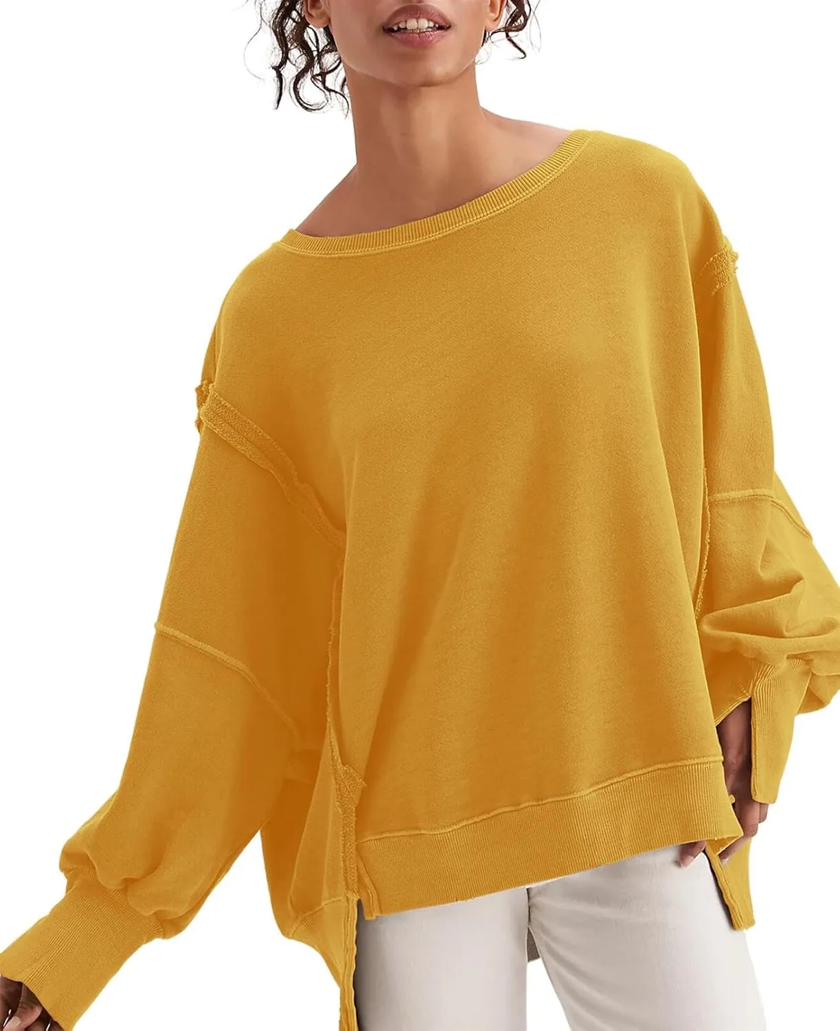 malianna Women's Loose Sweatshirt Crew Neck Long Sleeve Shirts Exposed Seaming Design Pullover Top