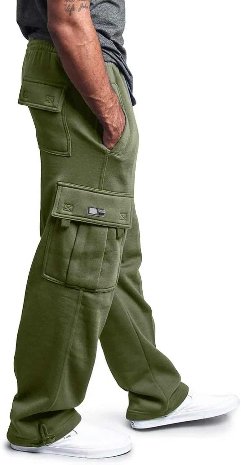 Men's Cargo Sweatpants Casual Soft Warm Joggers Baggy Open Bottom Workout Athletic Pants for Men with Pockets