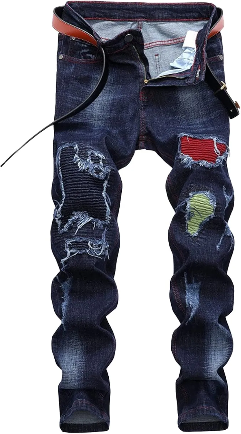 Men's Denim Perforated Wash Pattern Stretch Pants Ripped Straight Fit Jeans Pants Classic Denim Patches Jeans