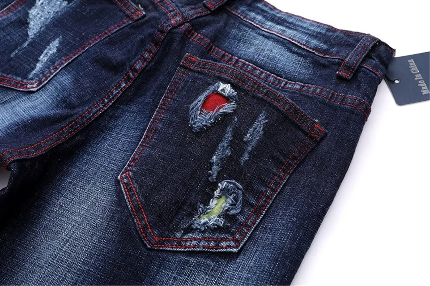 Men's Denim Perforated Wash Pattern Stretch Pants Ripped Straight Fit Jeans Pants Classic Denim Patches Jeans