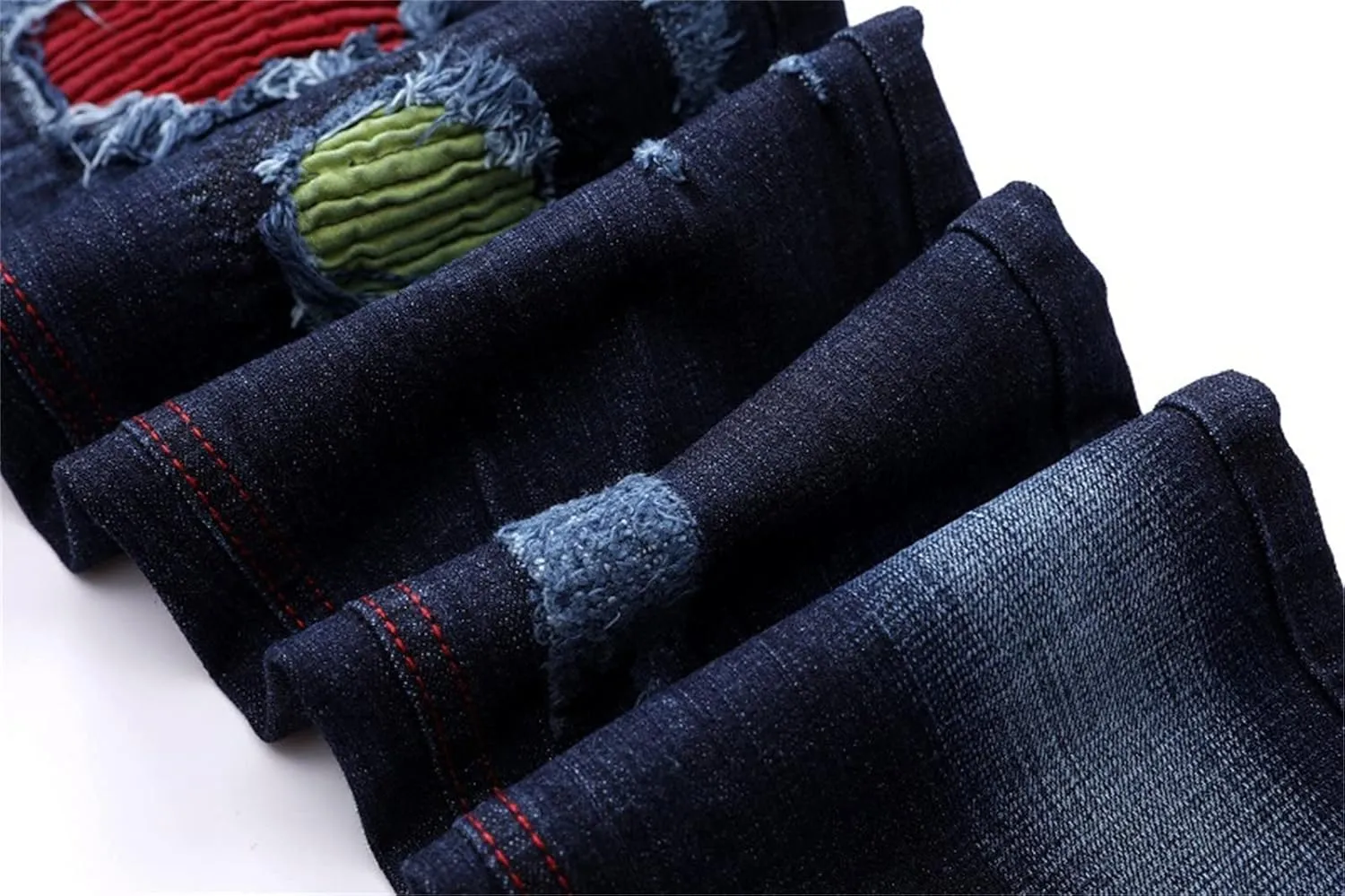 Men's Denim Perforated Wash Pattern Stretch Pants Ripped Straight Fit Jeans Pants Classic Denim Patches Jeans