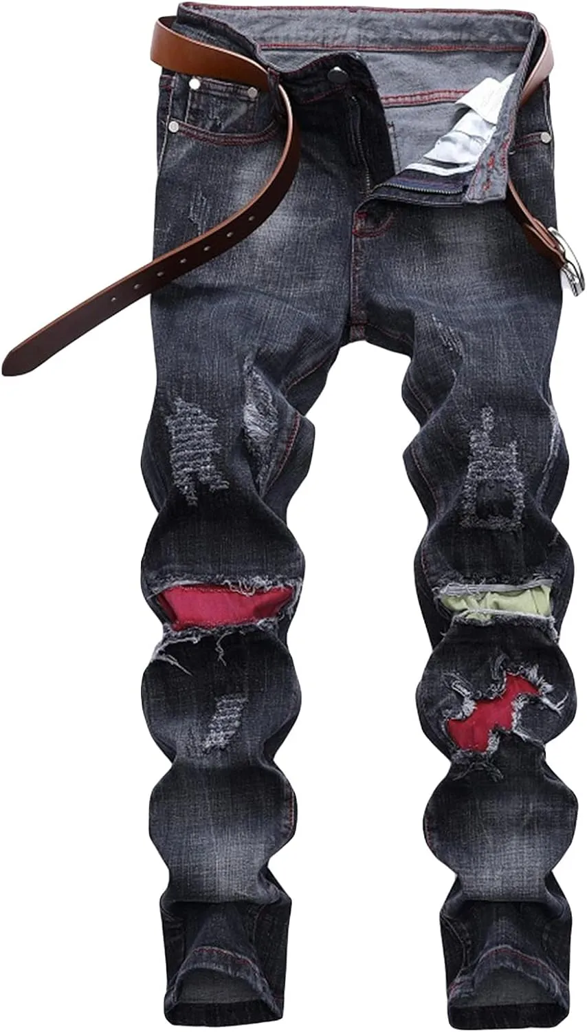 Men's Denim Perforated Wash Pattern Stretch Pants Ripped Straight Fit Jeans Pants Classic Denim Patches Jeans