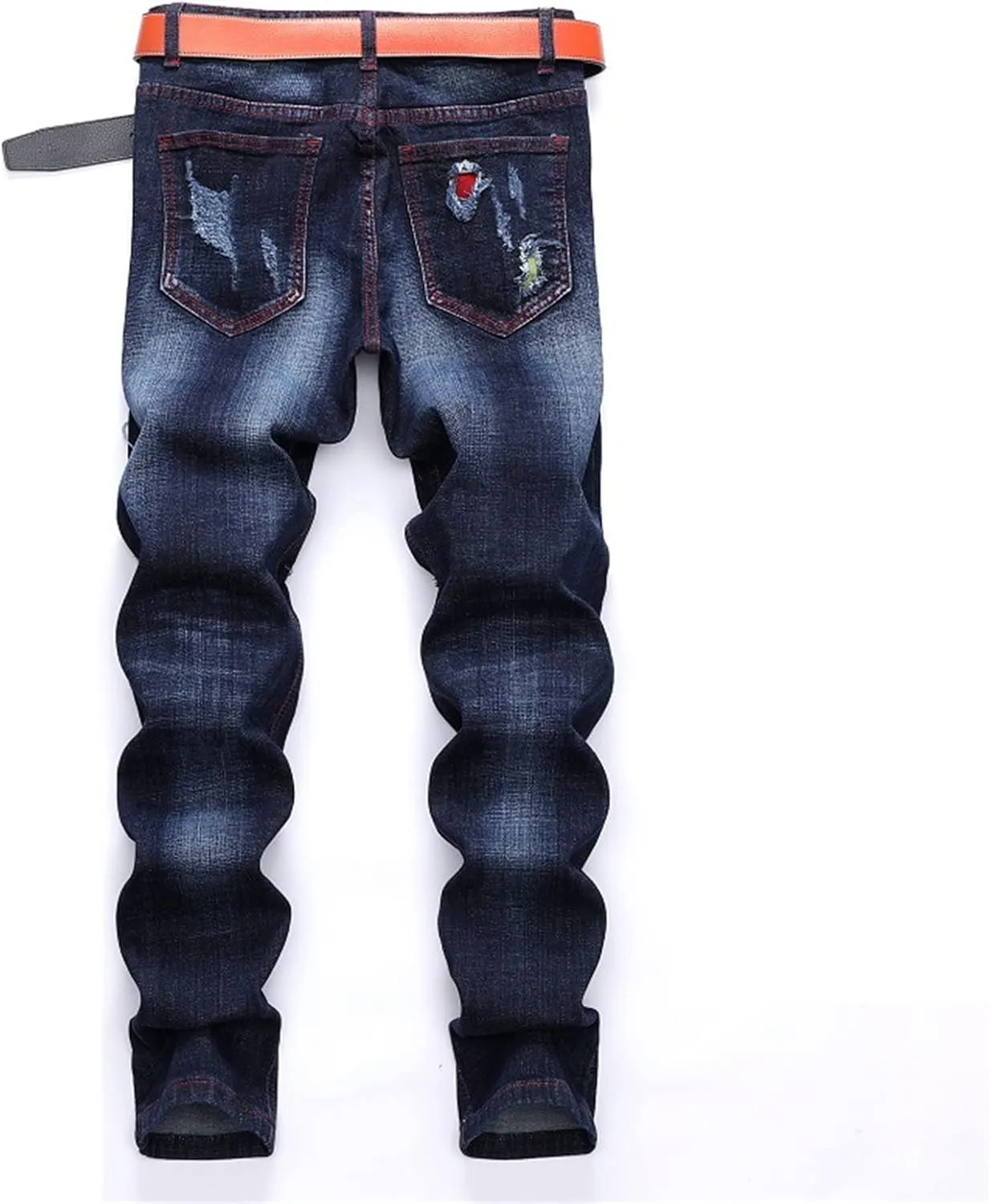 Men's Denim Perforated Wash Pattern Stretch Pants Ripped Straight Fit Jeans Pants Classic Denim Patches Jeans