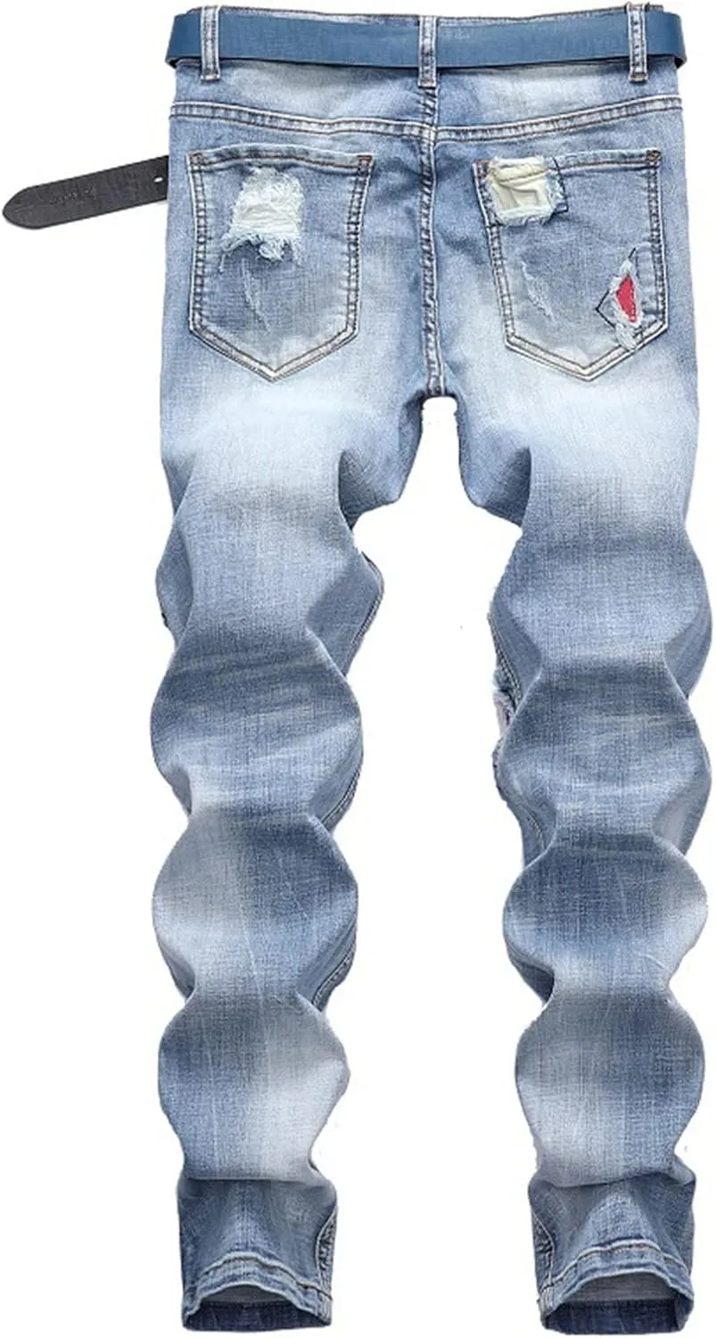 Men's Denim Perforated Wash Pattern Stretch Pants Ripped Straight Fit Jeans Pants Classic Denim Patches Jeans