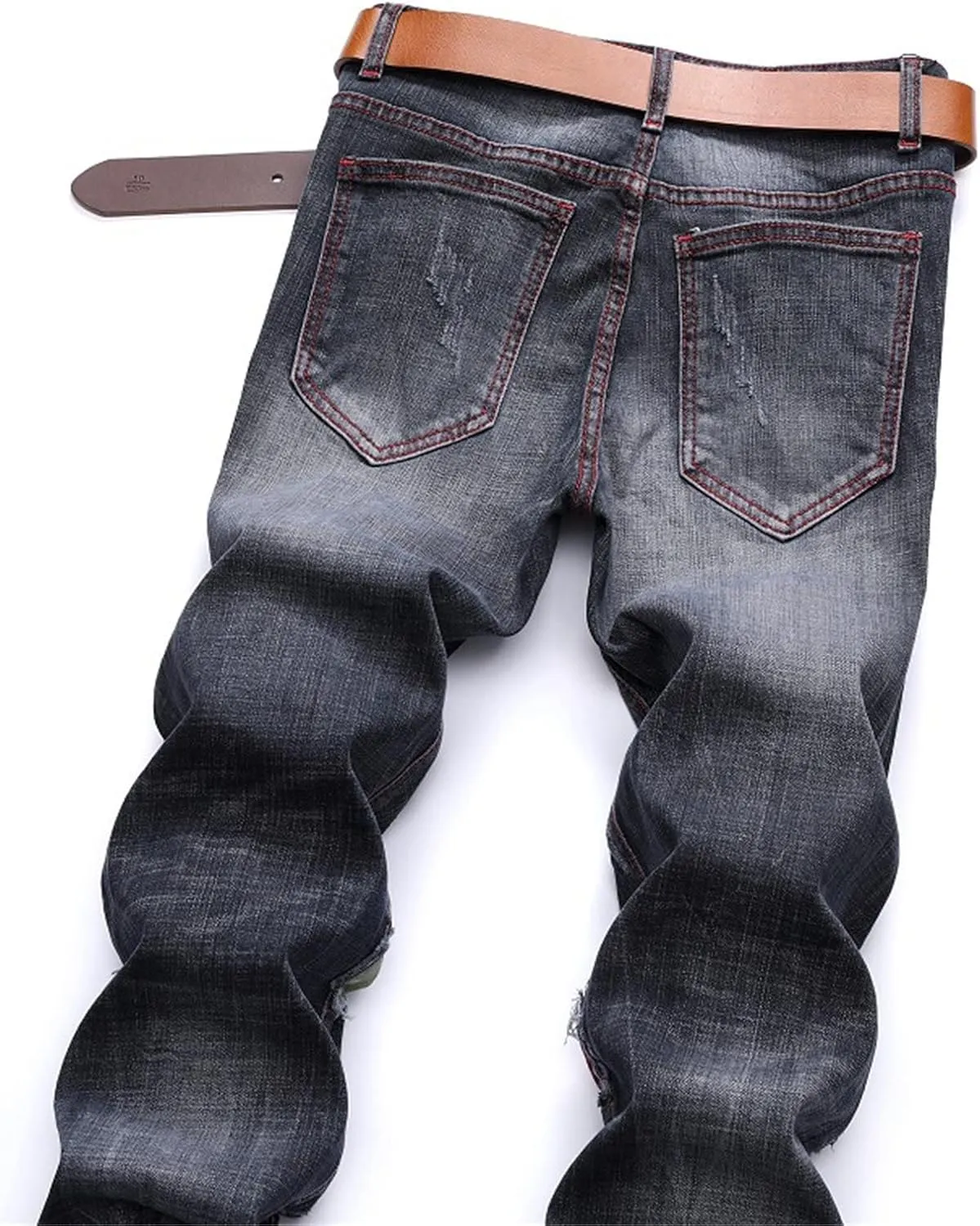 Men's Denim Perforated Wash Pattern Stretch Pants Ripped Straight Fit Jeans Pants Classic Denim Patches Jeans