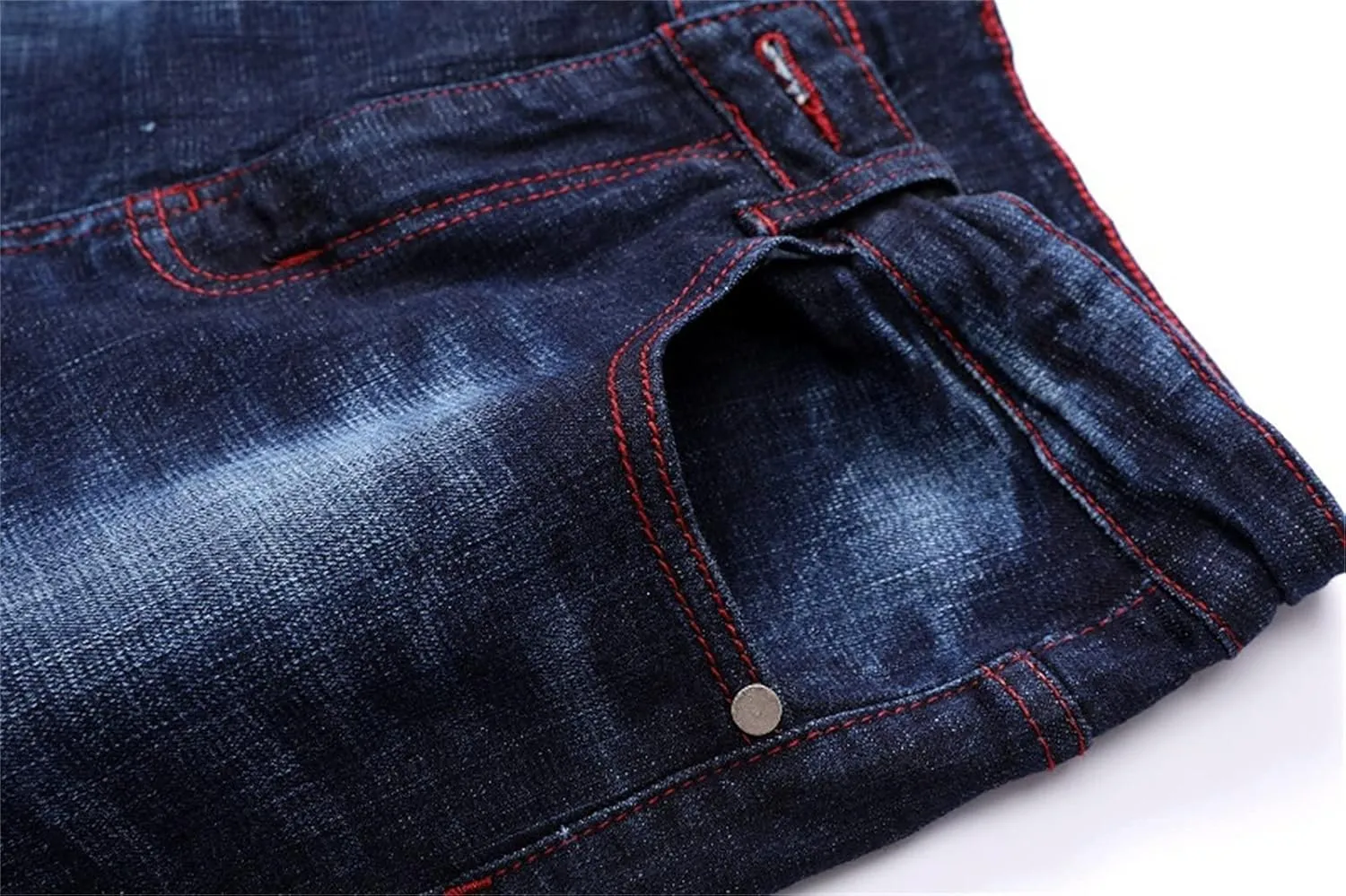 Men's Denim Perforated Wash Pattern Stretch Pants Ripped Straight Fit Jeans Pants Classic Denim Patches Jeans