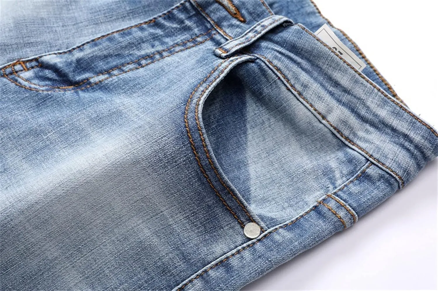 Men's Denim Perforated Wash Pattern Stretch Pants Ripped Straight Fit Jeans Pants Classic Denim Patches Jeans
