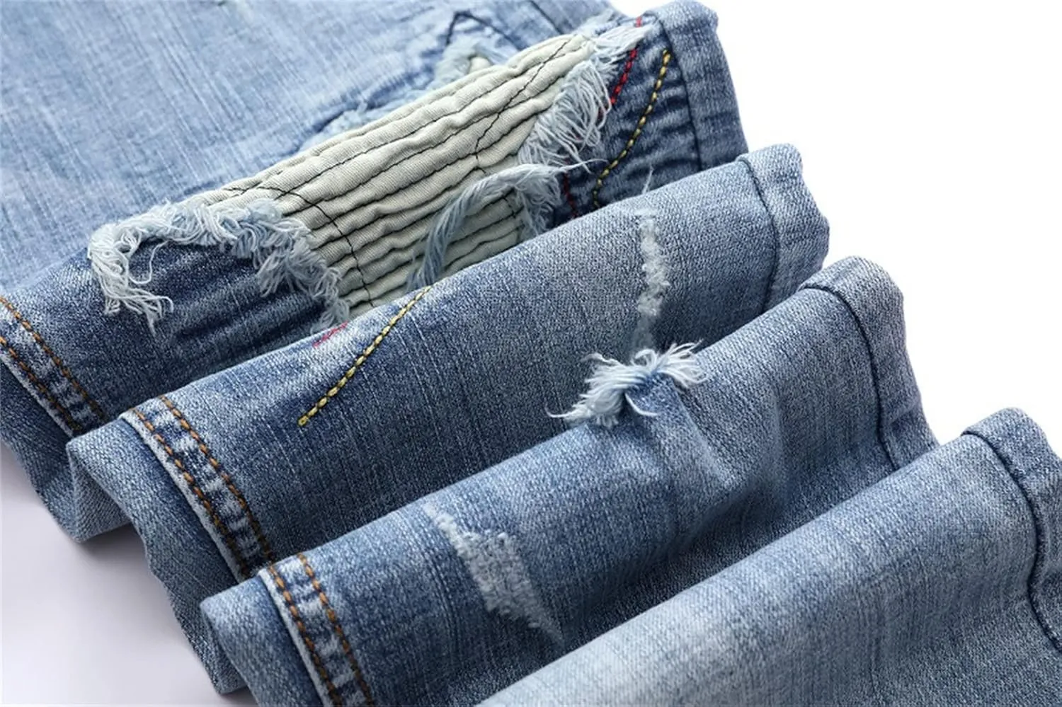 Men's Denim Perforated Wash Pattern Stretch Pants Ripped Straight Fit Jeans Pants Classic Denim Patches Jeans