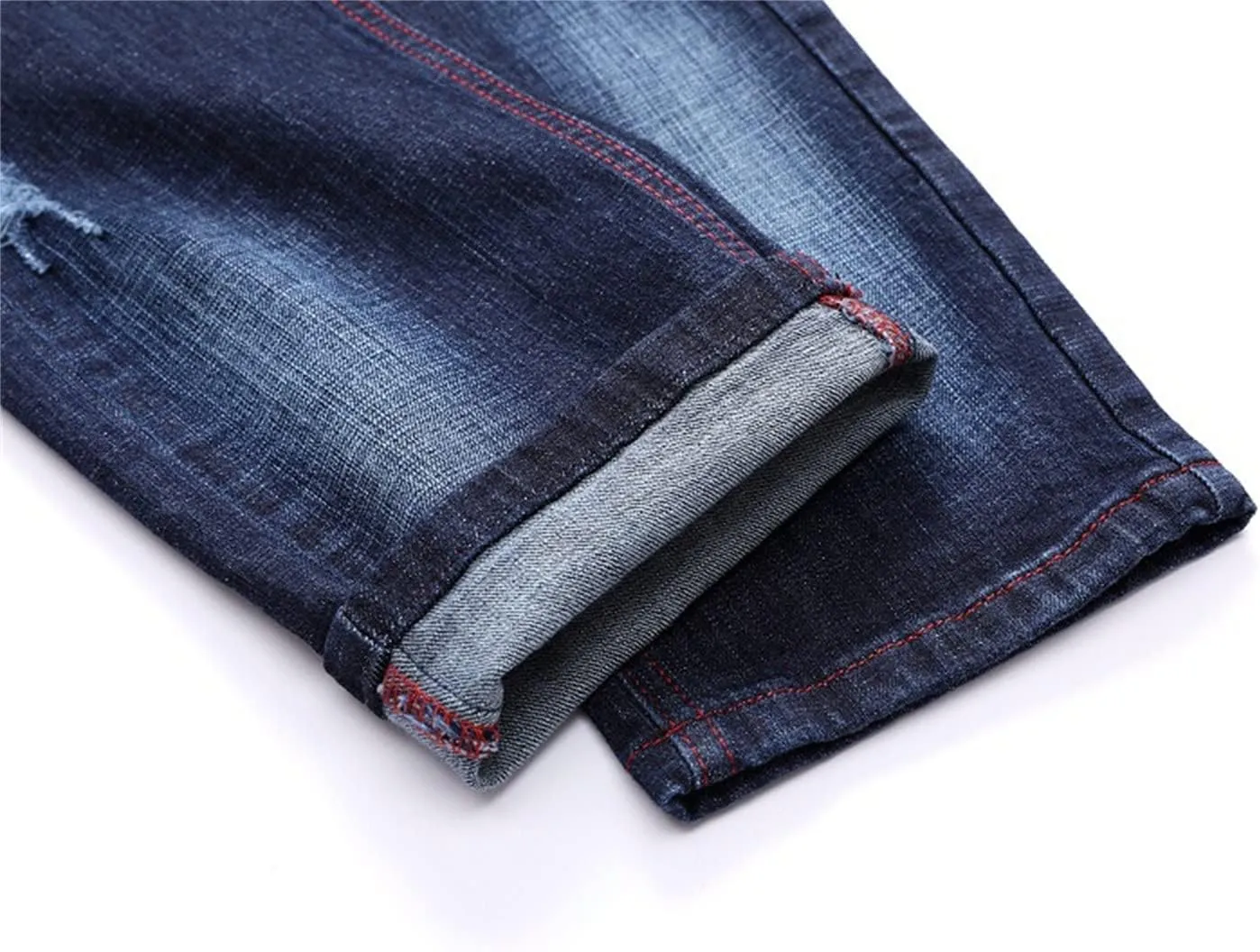 Men's Denim Perforated Wash Pattern Stretch Pants Ripped Straight Fit Jeans Pants Classic Denim Patches Jeans