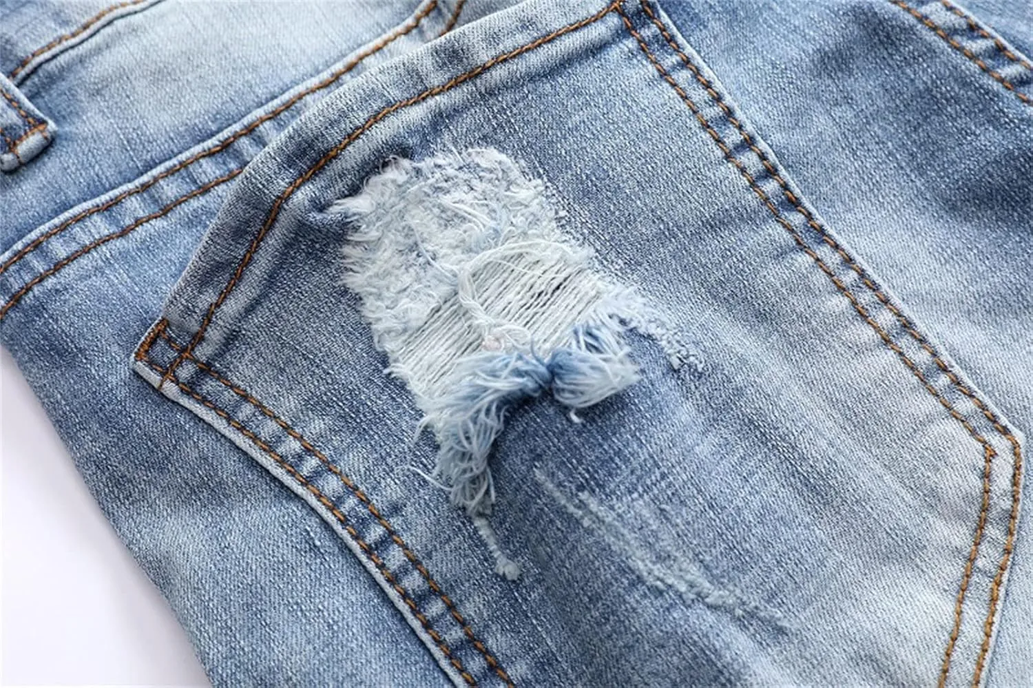 Men's Denim Perforated Wash Pattern Stretch Pants Ripped Straight Fit Jeans Pants Classic Denim Patches Jeans