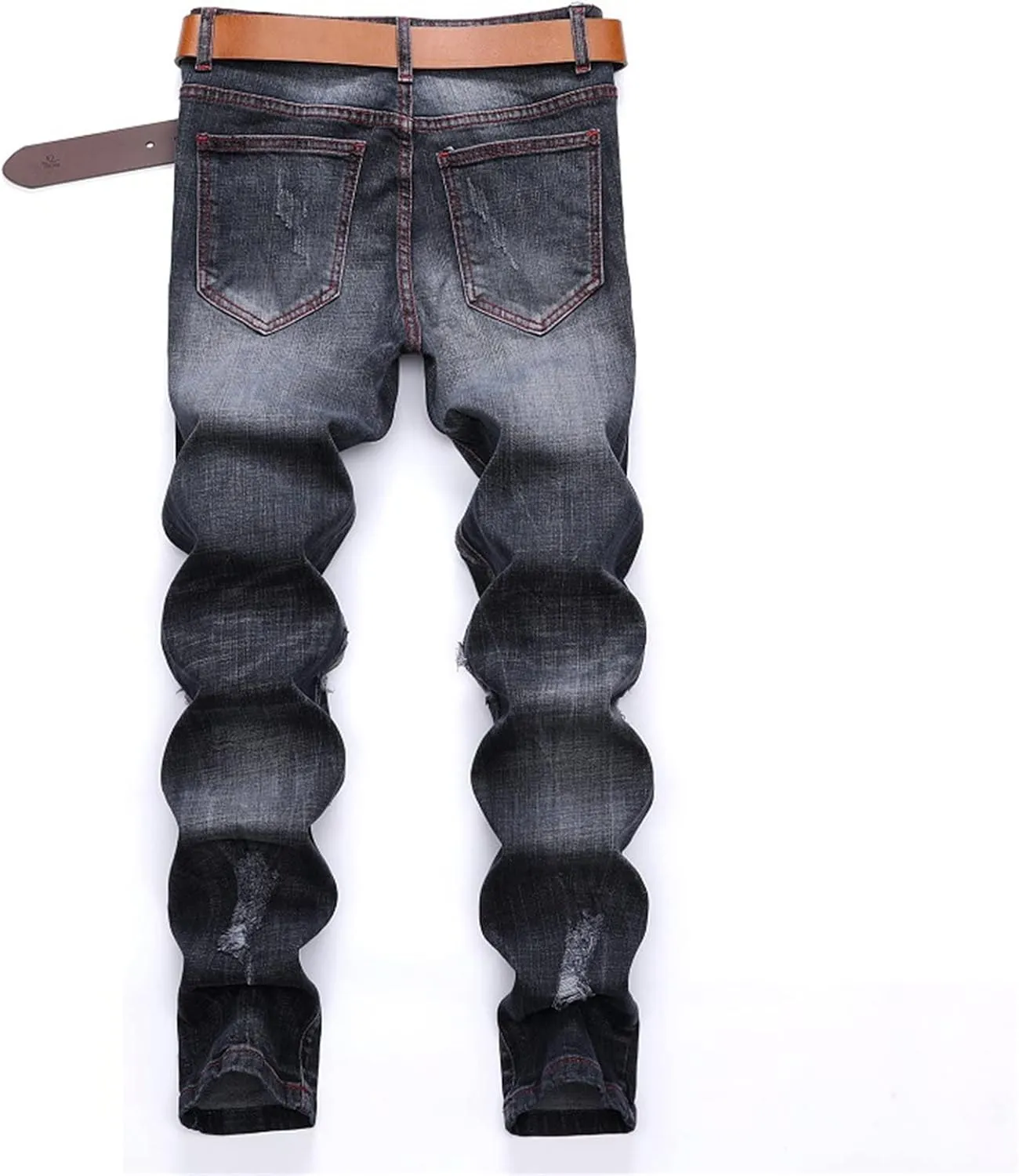 Men's Denim Perforated Wash Pattern Stretch Pants Ripped Straight Fit Jeans Pants Classic Denim Patches Jeans