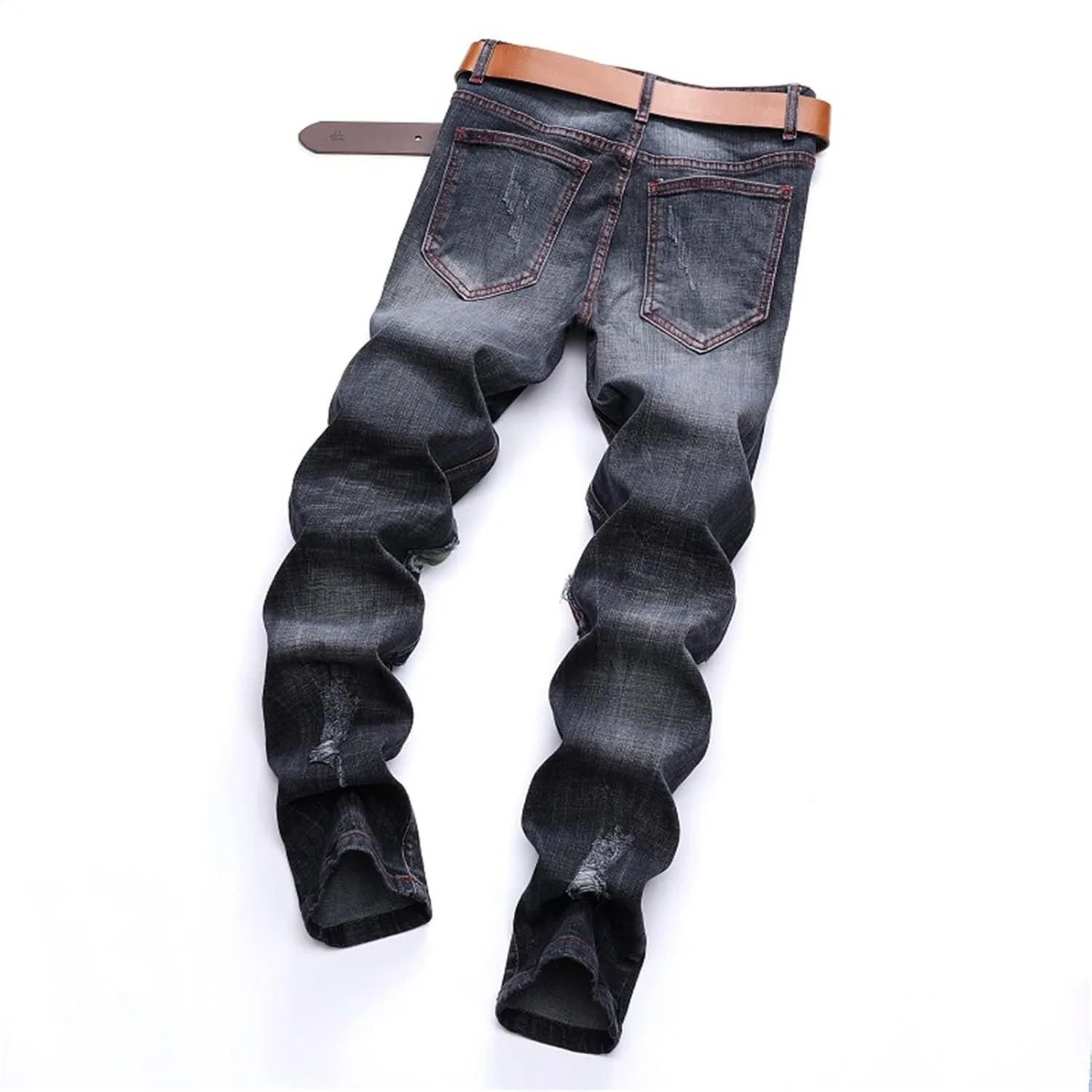 Men's Denim Perforated Wash Pattern Stretch Pants Ripped Straight Fit Jeans Pants Classic Denim Patches Jeans