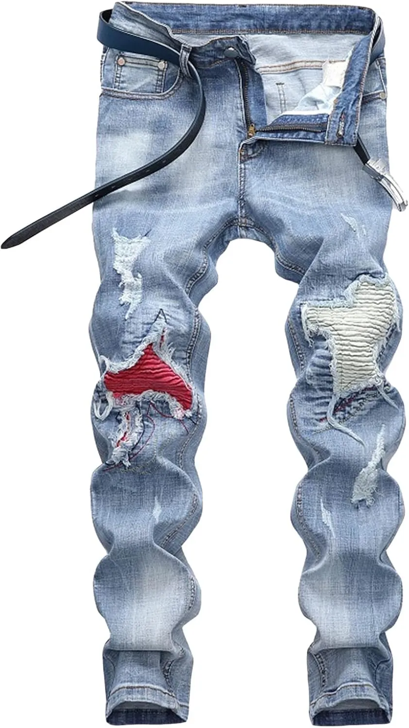 Men's Denim Perforated Wash Pattern Stretch Pants Ripped Straight Fit Jeans Pants Classic Denim Patches Jeans