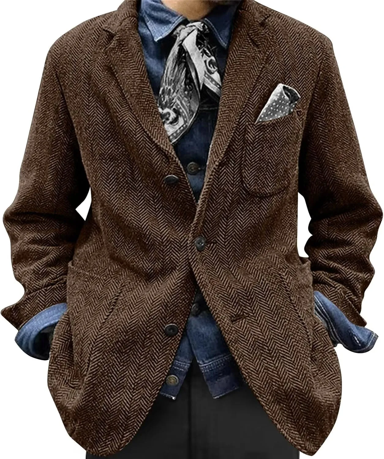 Mens Herringbone Suit Blazer Retro Vintage Slim Fit Tweed Jacket Three Button Chic Sport Coat Wedding
