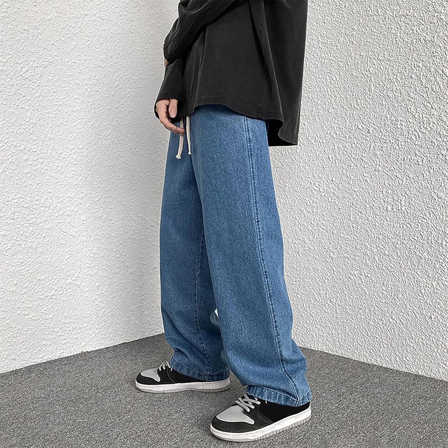 Mens Pants Jeans Stretch Classic Vintage Straight Wide Leg Denim Pants Baggy Jeans Trousers Mulit Pockets
