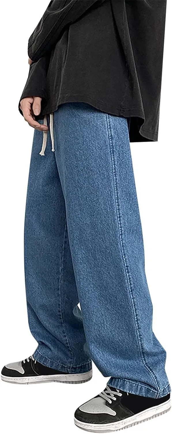 Mens Pants Jeans Stretch Classic Vintage Straight Wide Leg Denim Pants Baggy Jeans Trousers Mulit Pockets