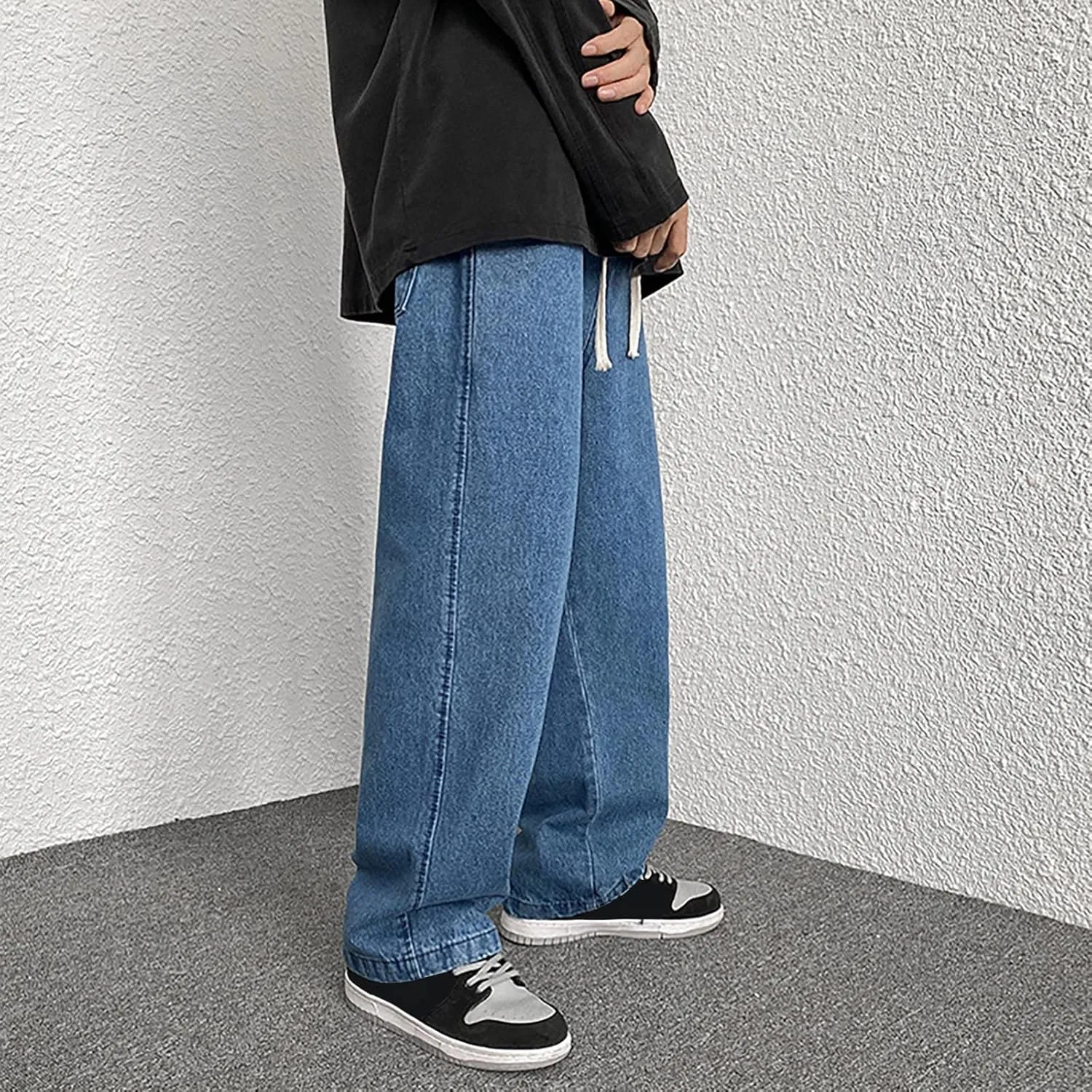 Mens Pants Jeans Stretch Classic Vintage Straight Wide Leg Denim Pants Baggy Jeans Trousers Mulit Pockets