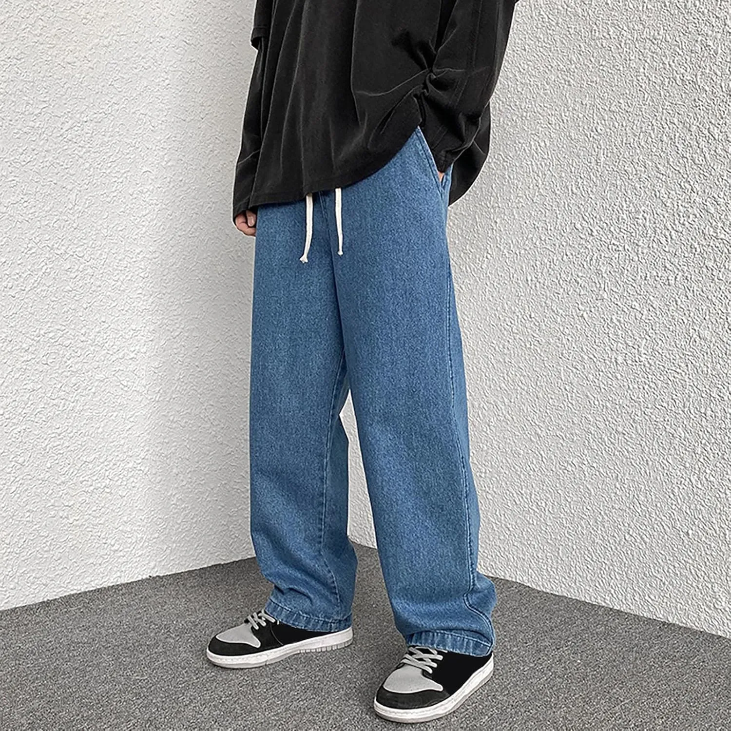 Mens Pants Jeans Stretch Classic Vintage Straight Wide Leg Denim Pants Baggy Jeans Trousers Mulit Pockets