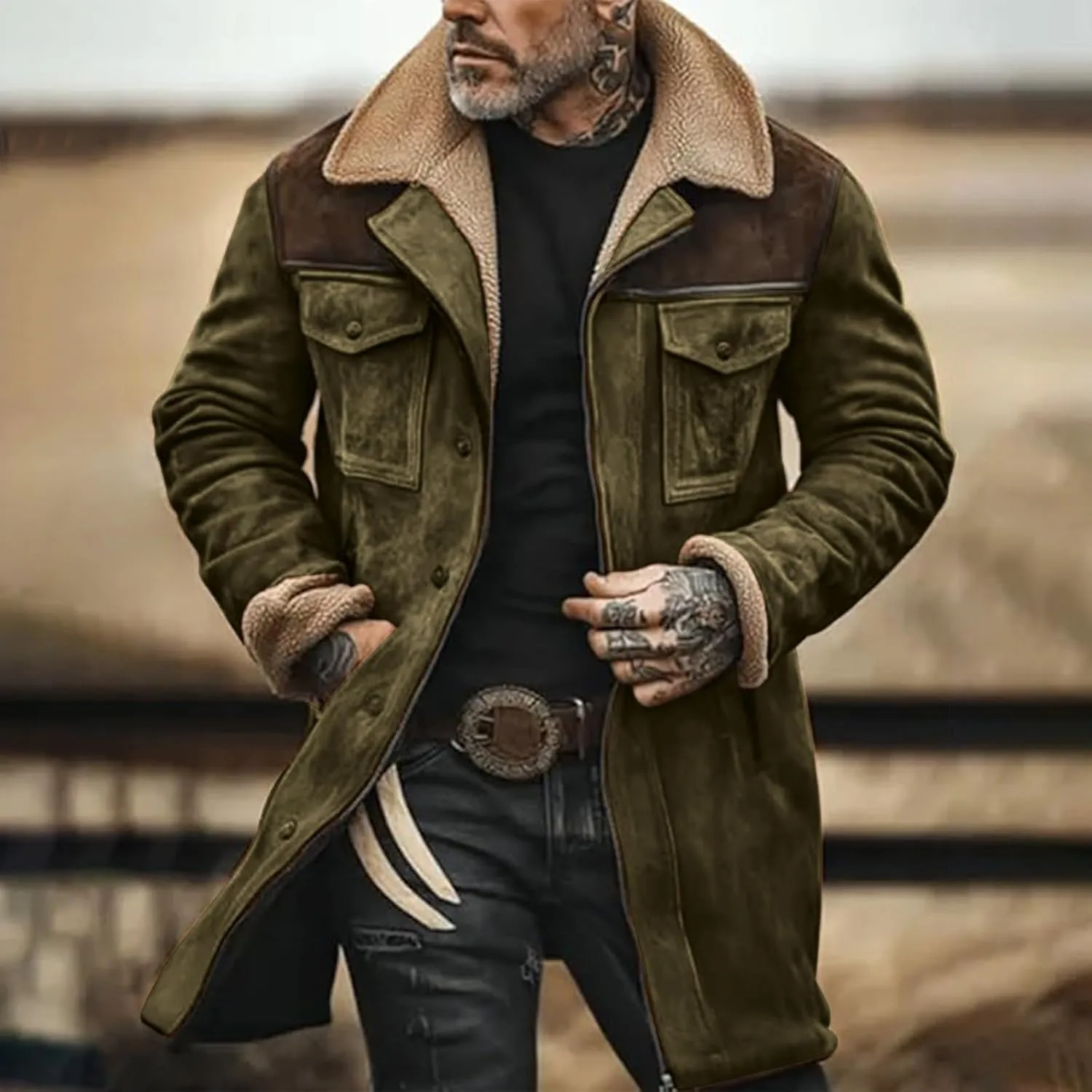 Men's Vintage Sherpa Fleece Lined Jackets Winter Warm Fur Collar Long Trench Coats Distressed Trucker Jacket Trench Coat