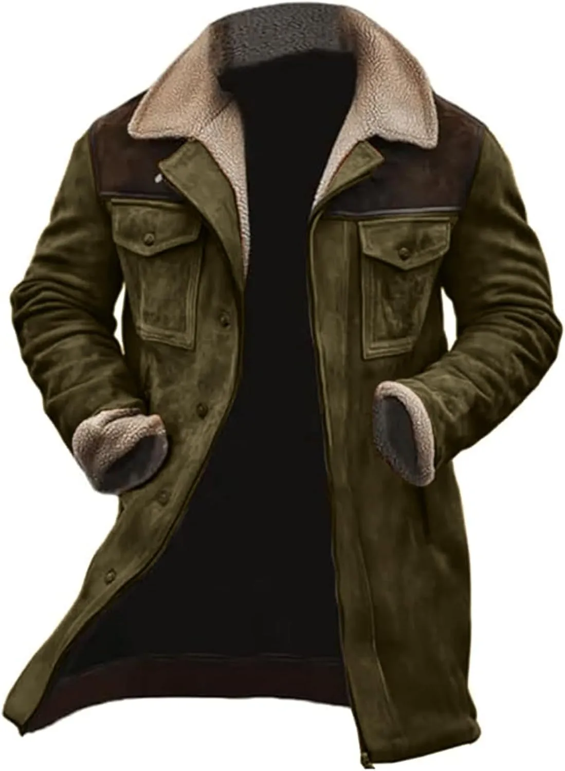 Men's Vintage Sherpa Fleece Lined Jackets Winter Warm Fur Collar Long Trench Coats Distressed Trucker Jacket Trench Coat